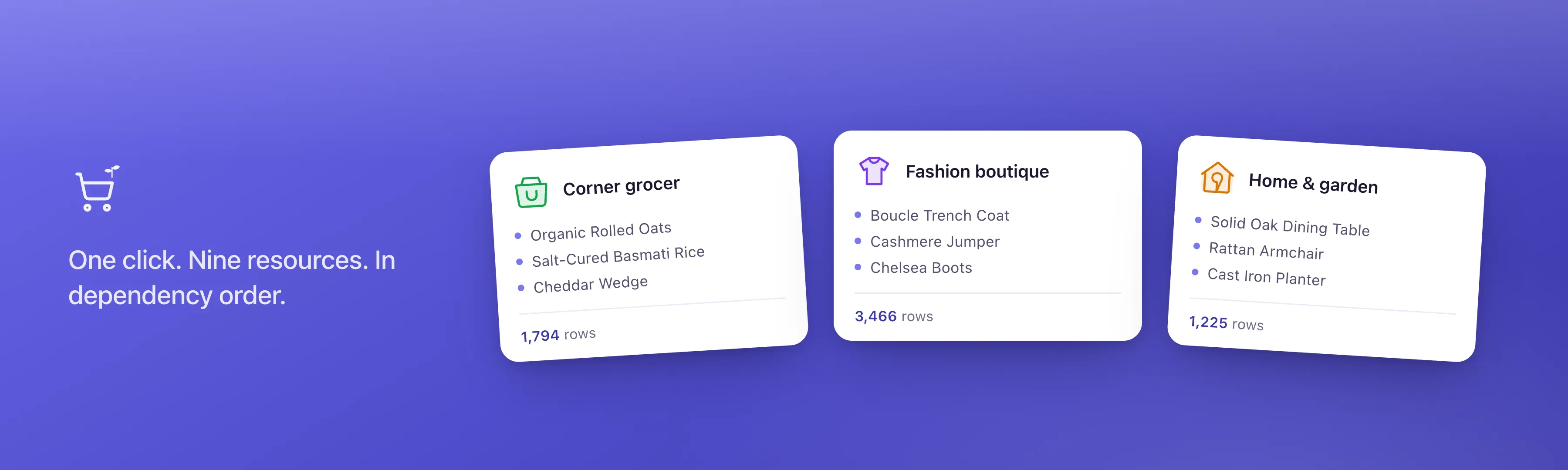 Three StoreSeeder recipe cards — a corner grocer, a fashion boutique and a home & garden store — each listing sample products and the number of rows it creates