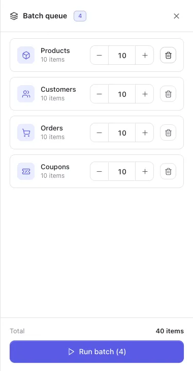 The batch queue — four resources with per-row counts, and the total
