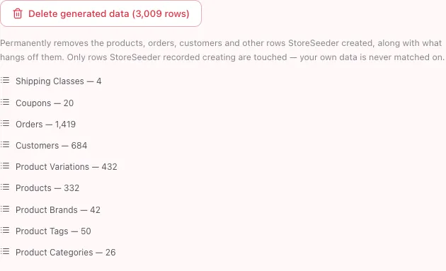 The danger zone’s delete control, itemising the recorded rows per resource