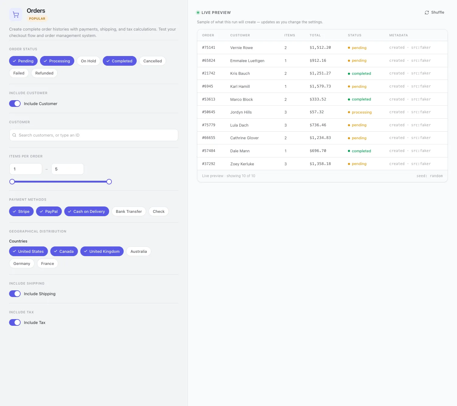 The Orders generator — parameters on the left, ten preview rows on the right