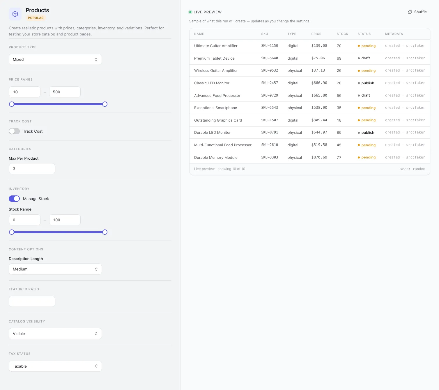 The Products generator — product type, price range, inventory and content controls