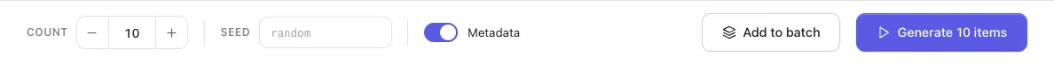 The run bar — count stepper, seed field, metadata switch, Add to batch and Generate