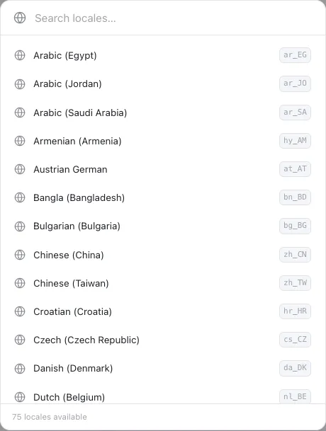 The locale picker — searchable, with each locale’s code beside its name