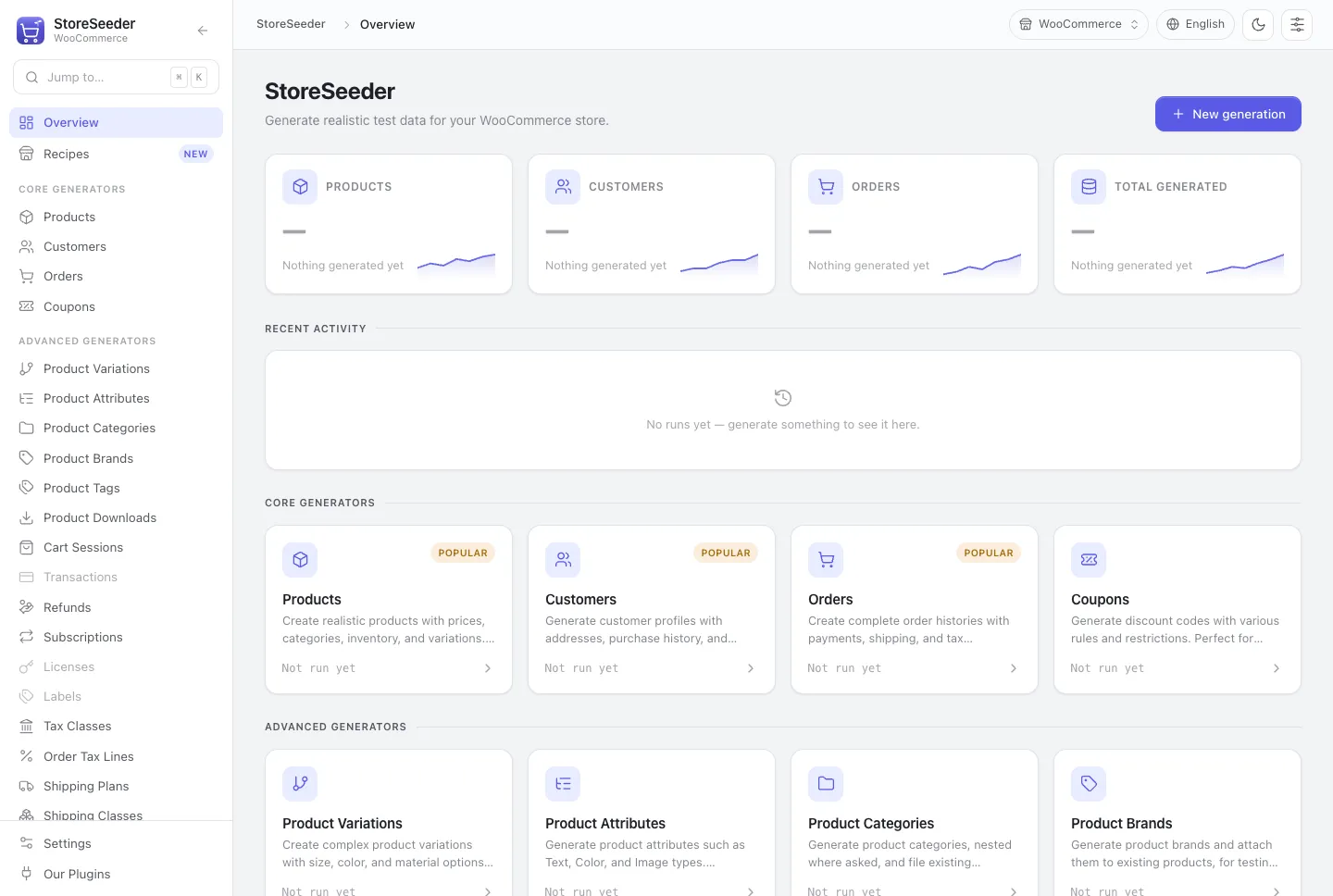 The StoreSeeder overview — the generator grid, the sidebar, and the target named under the wordmark