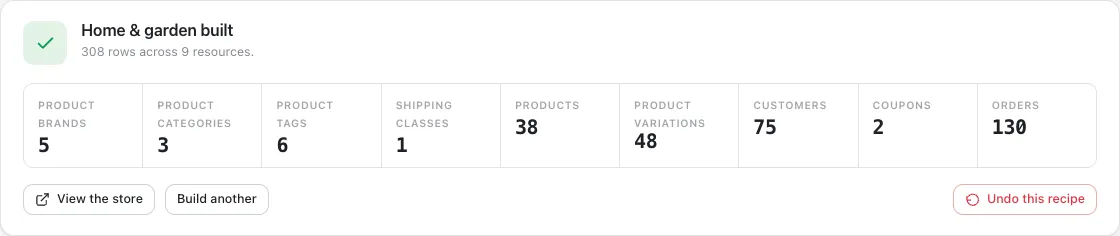 A finished recipe — what it created, with each count linking to that resource’s admin screen