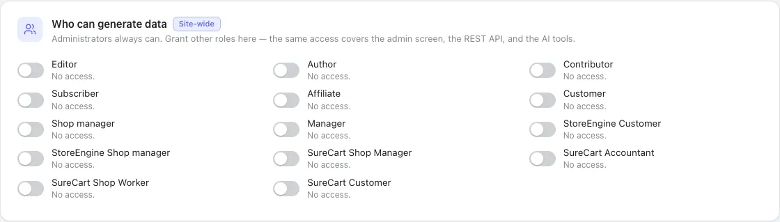 The access card, listing every role on the site with a switch each